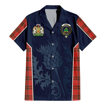 Grant Weathered Tartan Short Sleeve Button Up Shirt with Family Crest and Scottish Thistle Vibes Sport Style