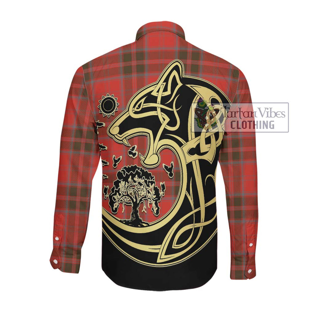 Grant Weathered Tartan Long Sleeve Button Shirt with Family Crest Celtic Wolf Style Men's Shirt - Tartan Vibes Clothing