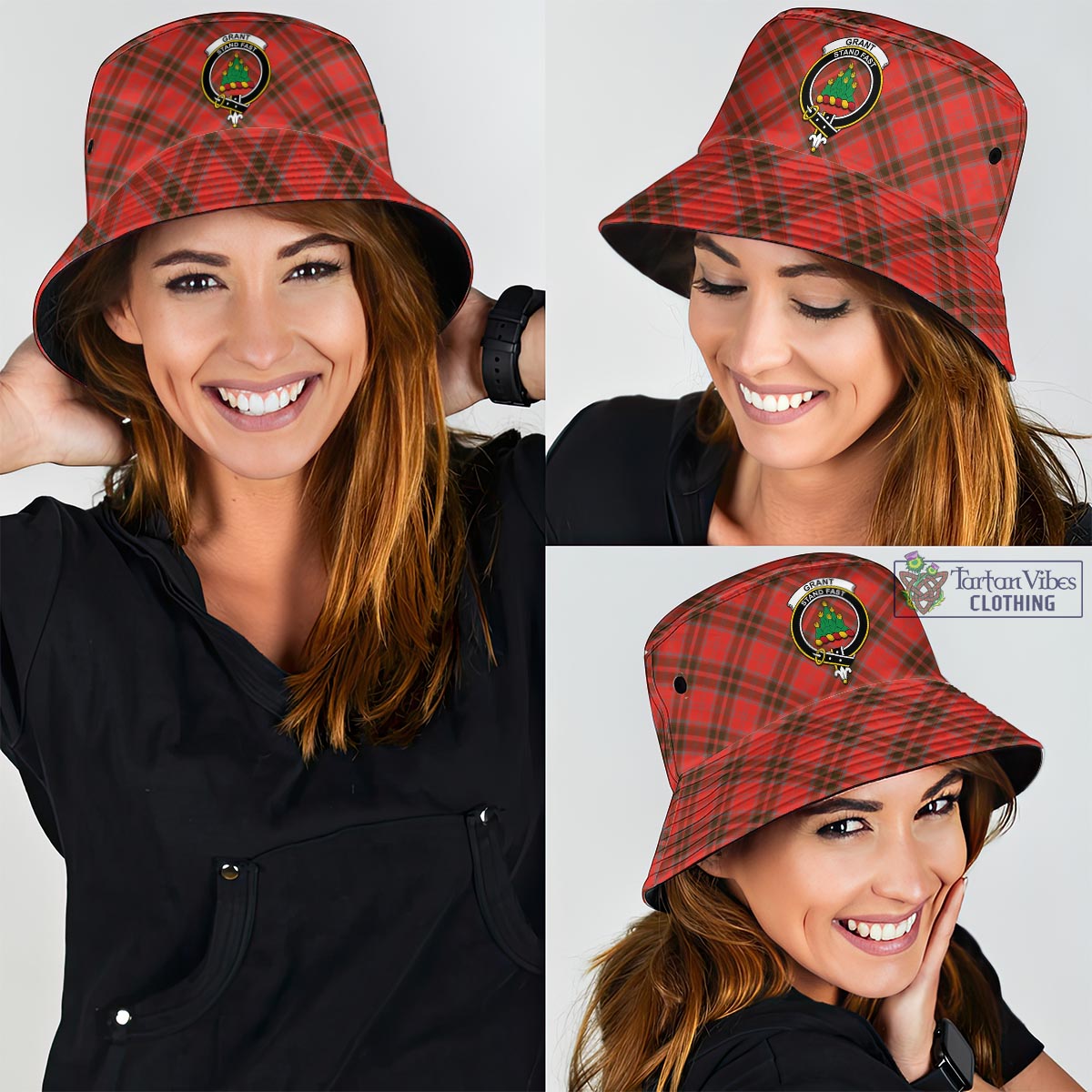 Tartan Vibes Clothing Grant Weathered Tartan Bucket Hat with Family Crest