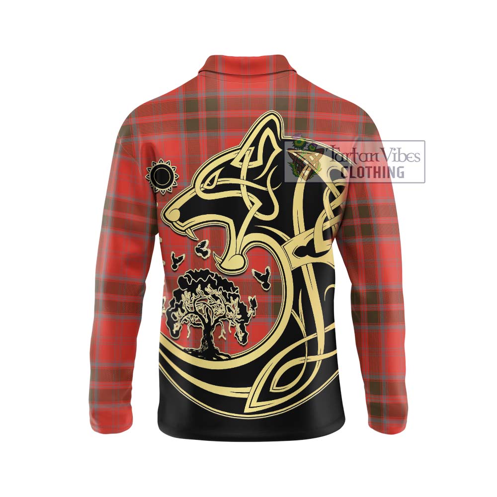 Grant Weathered Tartan Long Sleeve Polo Shirt with Family Crest Celtic Wolf Style - Tartanvibesclothing Shop