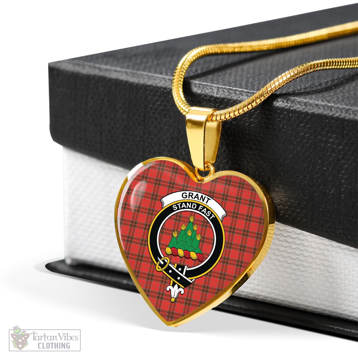 Tartan Vibes Clothing Grant Weathered Tartan Heart Necklace with Family Crest