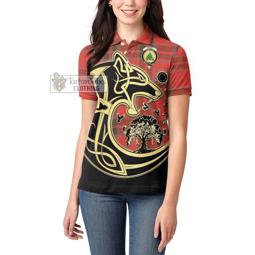 Grant Weathered Tartan Women's Polo Shirt with Family Crest Celtic Wolf Style - Tartanvibesclothing Shop