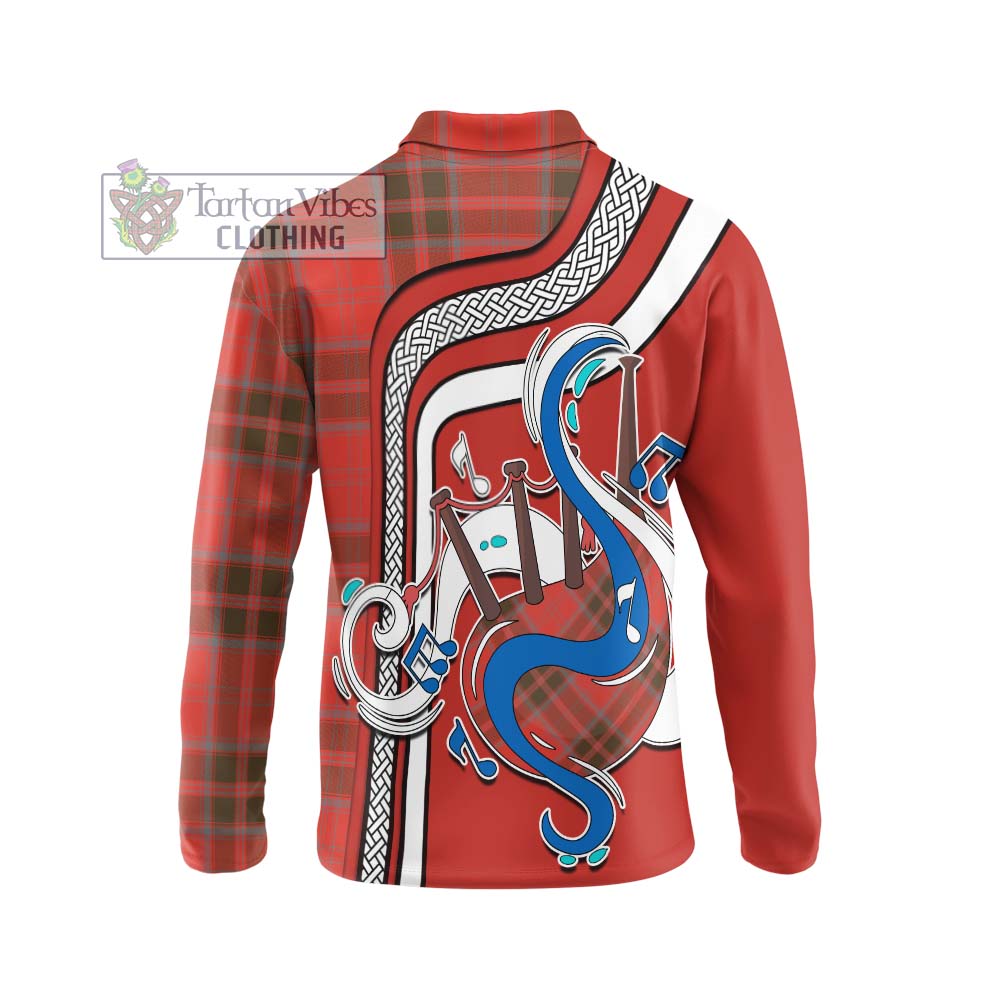 Tartan Vibes Clothing Grant Weathered Tartan Long Sleeve Polo Shirt with Epic Bagpipe Style