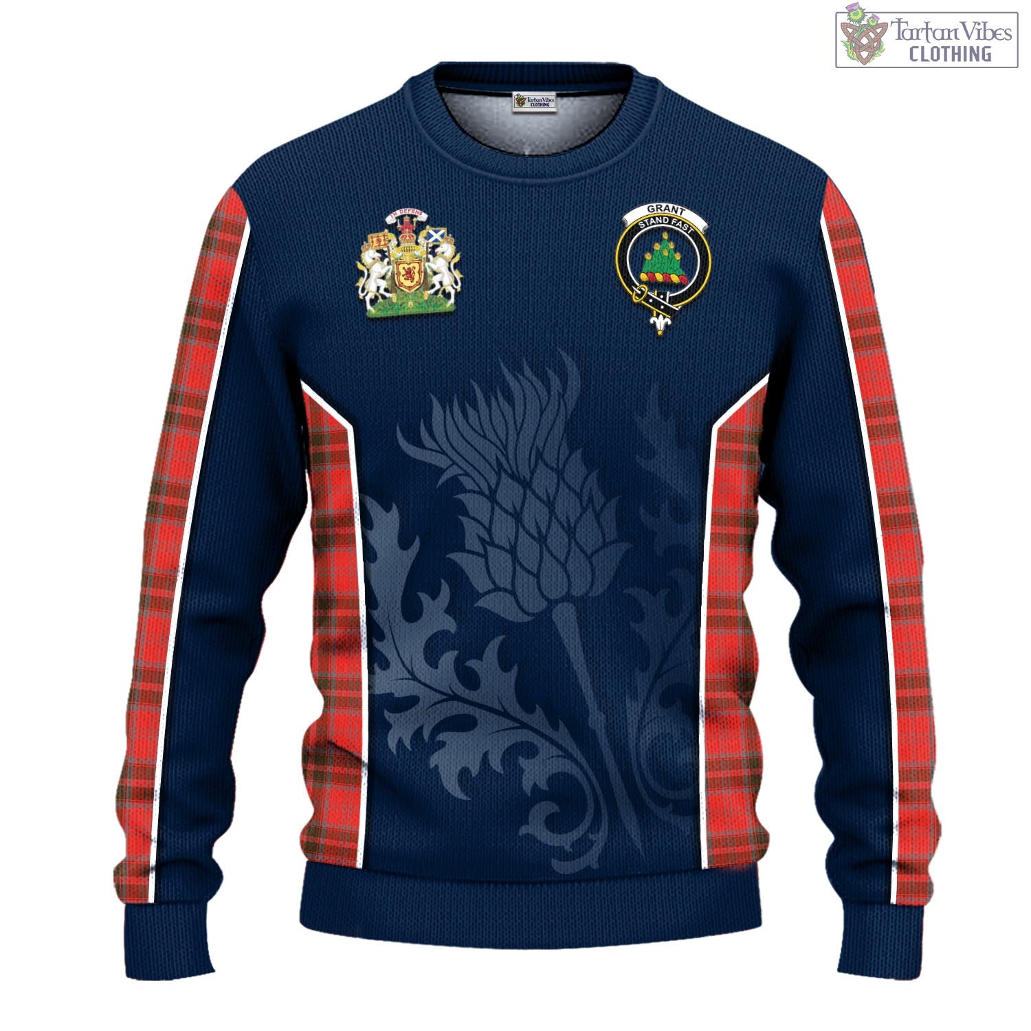 Tartan Vibes Clothing Grant Weathered Tartan Knitted Sweatshirt with Family Crest and Scottish Thistle Vibes Sport Style