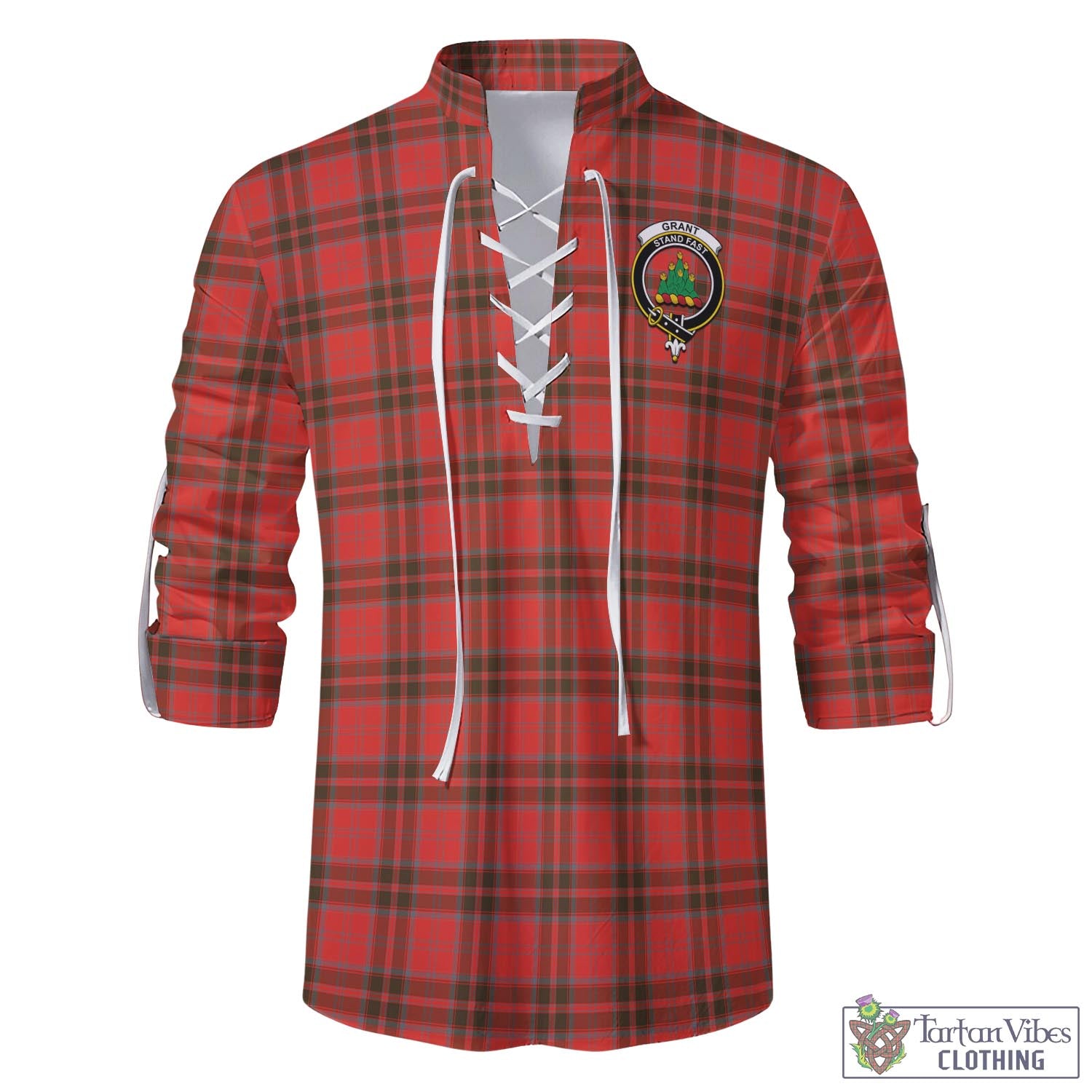 Tartan Vibes Clothing Grant Weathered Tartan Men's Scottish Traditional Jacobite Ghillie Kilt Shirt with Family Crest