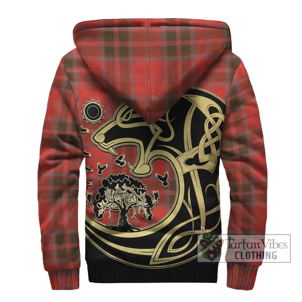 Grant Weathered Tartan Sherpa Hoodie with Family Crest Celtic Wolf Style - Tartan Vibes Clothing