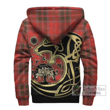 Grant Weathered Tartan Sherpa Hoodie with Family Crest Celtic Wolf Style