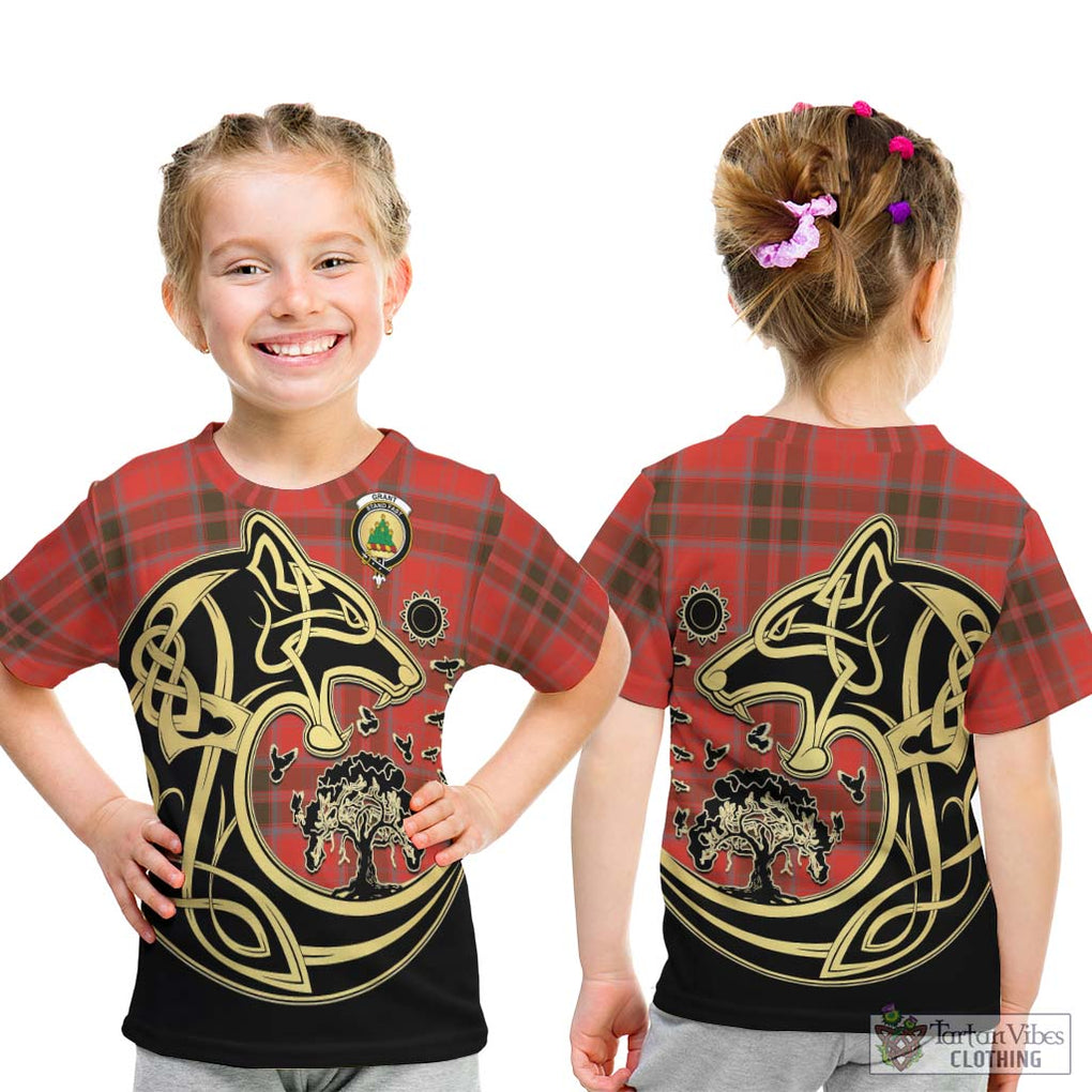 Grant Weathered Tartan Kid T-Shirt with Family Crest Celtic Wolf Style - Tartan Vibes Clothing