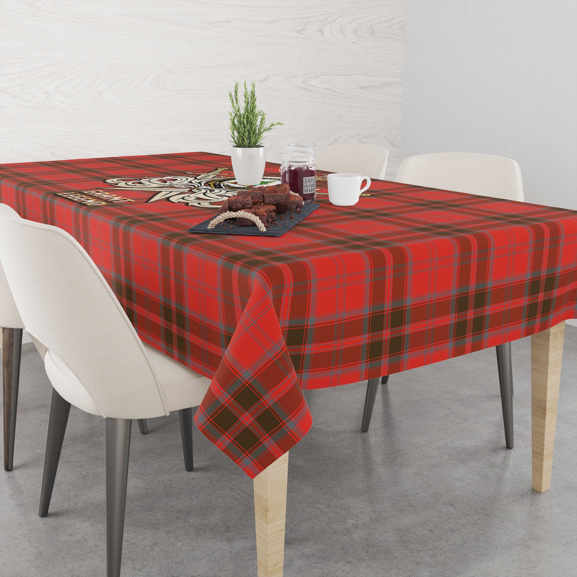 Tartan Vibes Clothing Grant Weathered Tartan Tablecloth with Clan Crest and the Golden Sword of Courageous Legacy