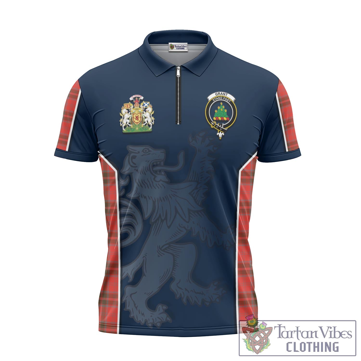 Tartan Vibes Clothing Grant Weathered Tartan Zipper Polo Shirt with Family Crest and Lion Rampant Vibes Sport Style