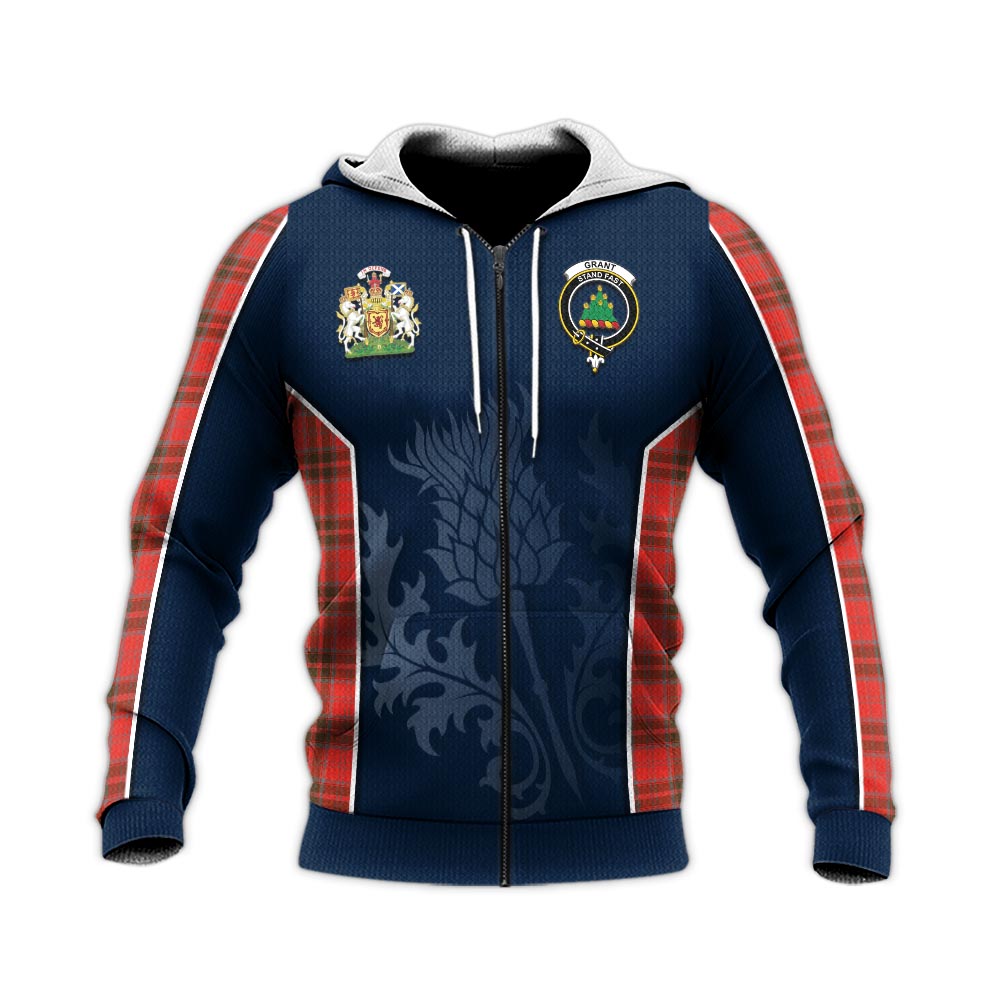 Tartan Vibes Clothing Grant Weathered Tartan Knitted Hoodie with Family Crest and Scottish Thistle Vibes Sport Style