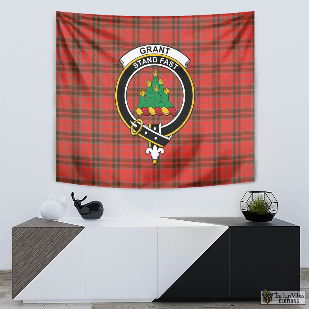 Tartan Vibes Clothing Grant Weathered Tartan Tapestry Wall Hanging and Home Decor for Room with Family Crest