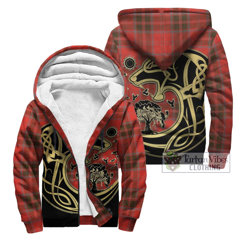 Grant Weathered Tartan Sherpa Hoodie with Family Crest Celtic Wolf Style Unisex - Tartan Vibes Clothing