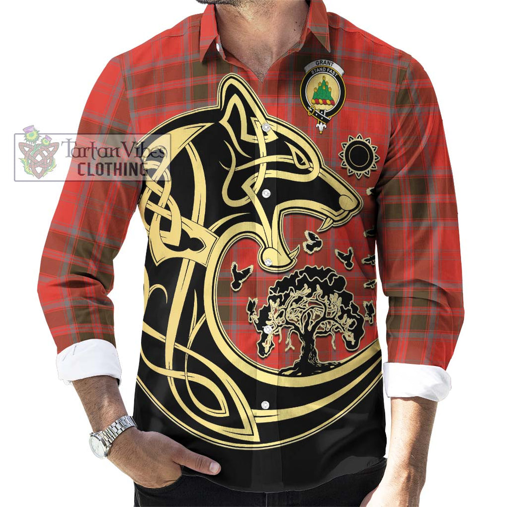 Grant Weathered Tartan Long Sleeve Button Shirt with Family Crest Celtic Wolf Style - Tartan Vibes Clothing