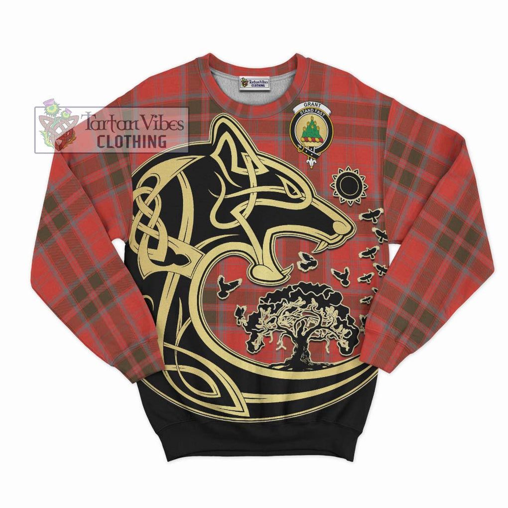 Grant Weathered Tartan Sweatshirt with Family Crest Celtic Wolf Style - Tartan Vibes Clothing