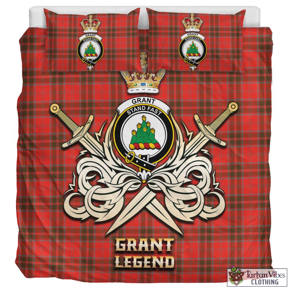 Tartan Vibes Clothing Grant Weathered Tartan Bedding Set with Clan Crest and the Golden Sword of Courageous Legacy