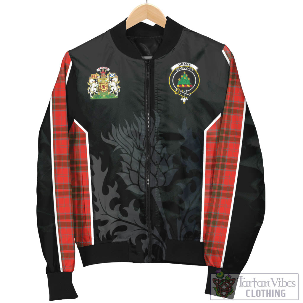 Tartan Vibes Clothing Grant Weathered Tartan Bomber Jacket with Family Crest and Scottish Thistle Vibes Sport Style