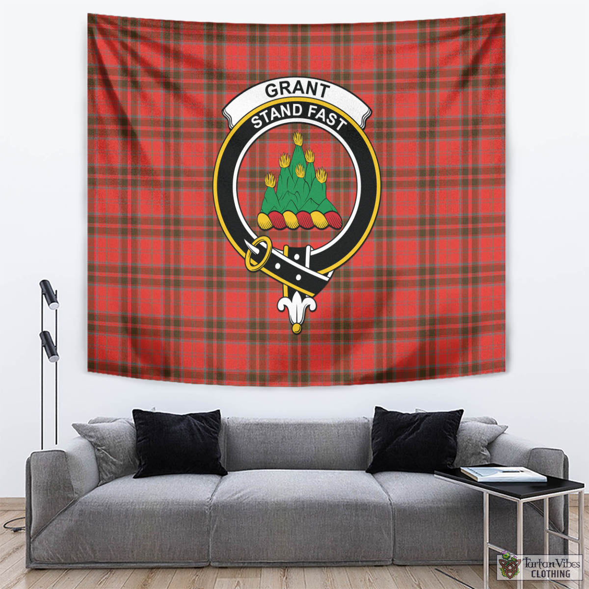 Tartan Vibes Clothing Grant Weathered Tartan Tapestry Wall Hanging and Home Decor for Room with Family Crest