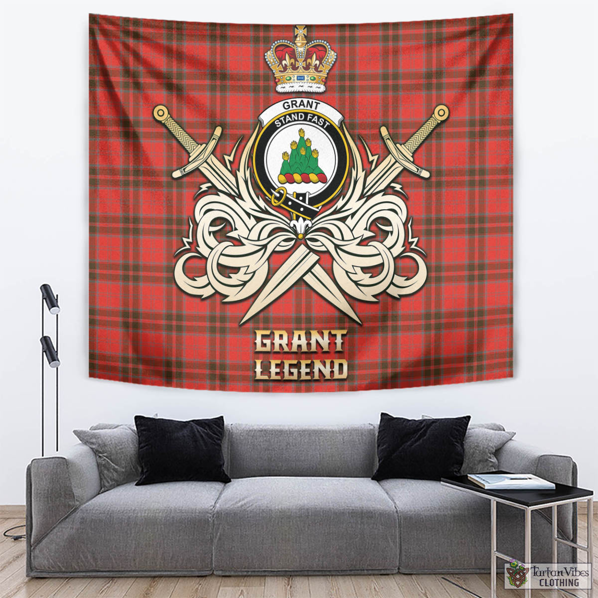 Tartan Vibes Clothing Grant Weathered Tartan Tapestry with Clan Crest and the Golden Sword of Courageous Legacy