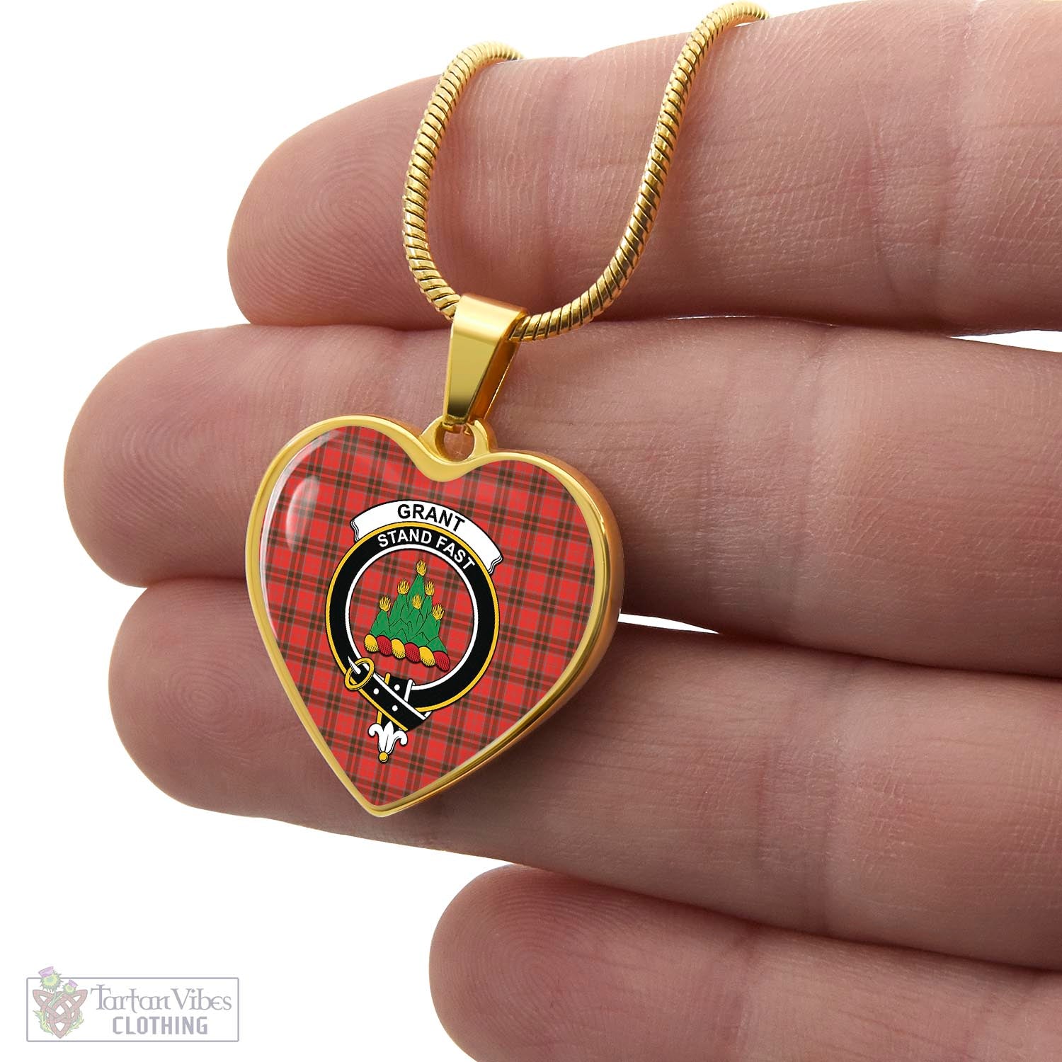 Tartan Vibes Clothing Grant Weathered Tartan Heart Necklace with Family Crest