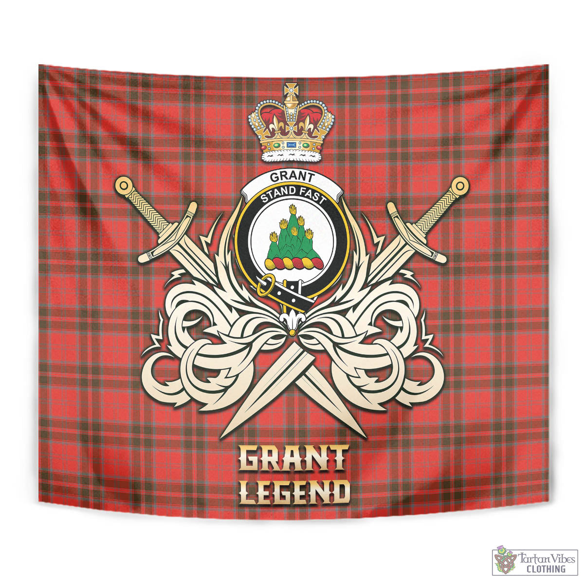 Tartan Vibes Clothing Grant Weathered Tartan Tapestry with Clan Crest and the Golden Sword of Courageous Legacy