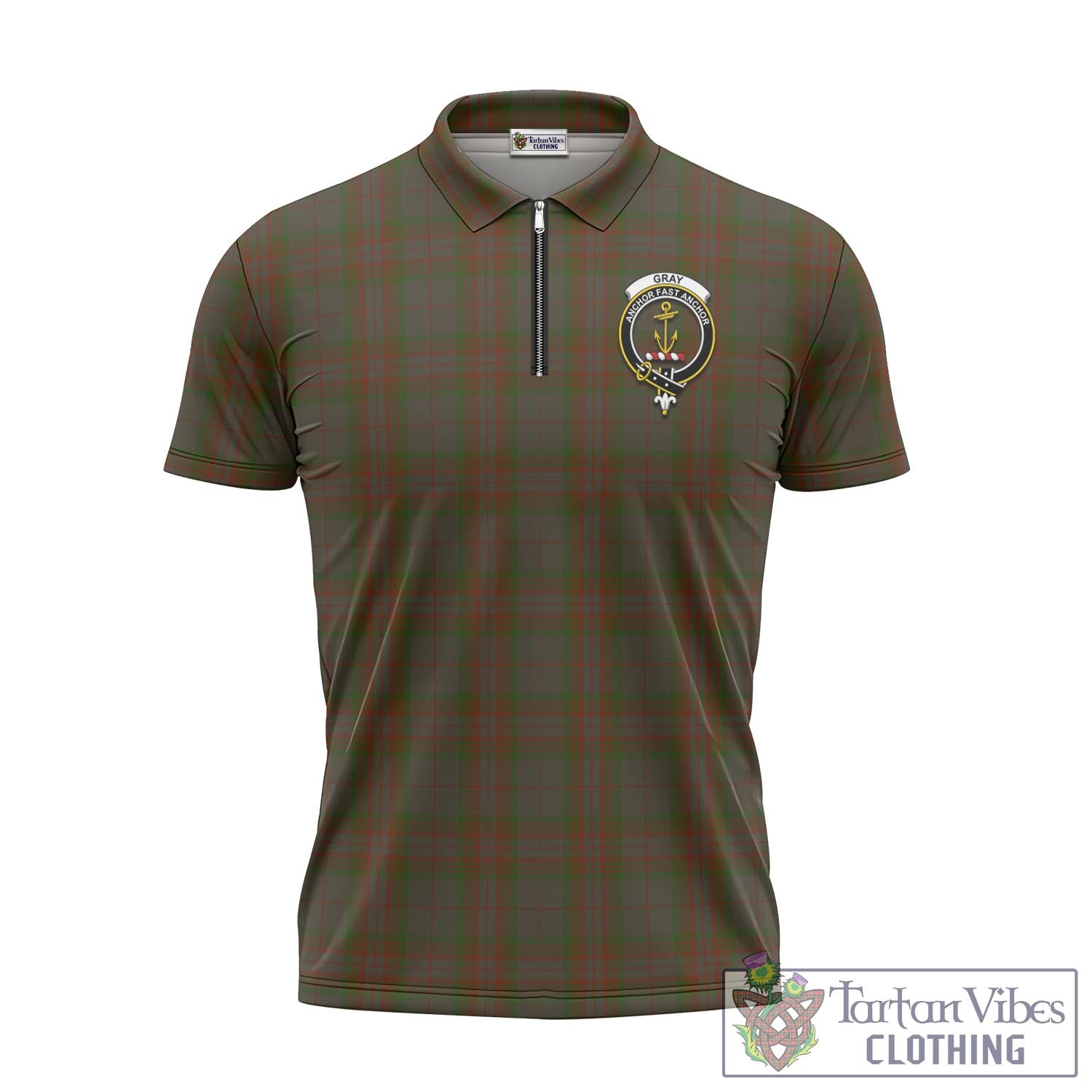 Tartan Vibes Clothing Gray Tartan Zipper Polo Shirt with Family Crest