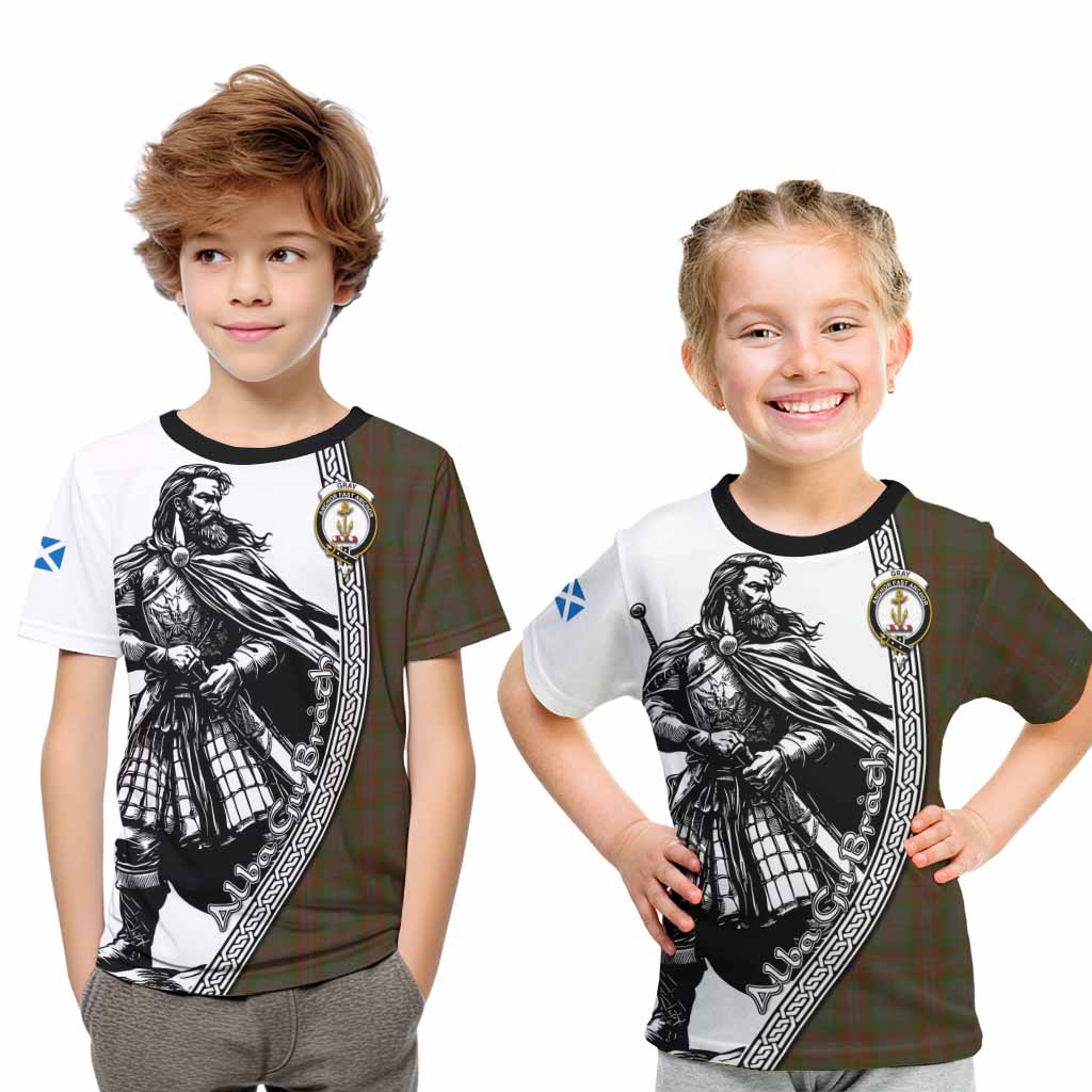 Gray Tartan Clan Crest Kid T-Shirt with Highlander Warrior Celtic Style