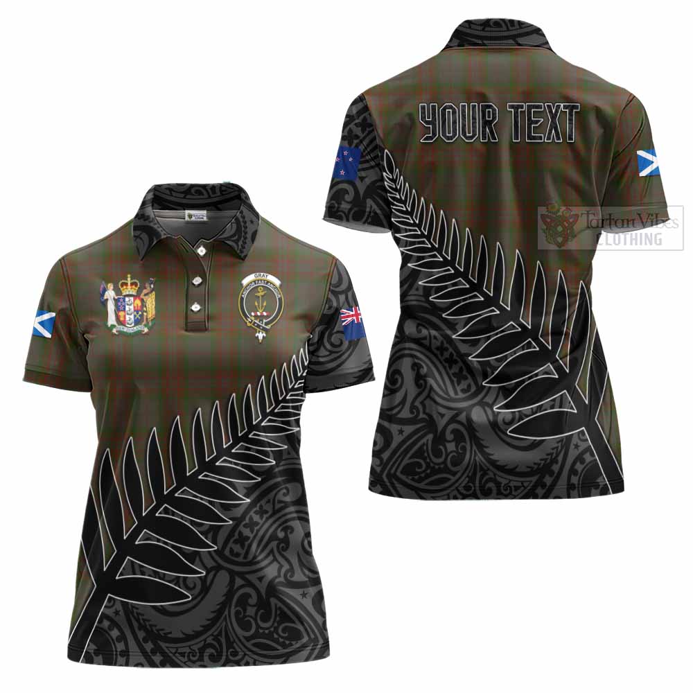 Tartan Vibes Clothing Gray Crest Tartan Women's Polo Shirt with New Zealand Silver Fern Half Style