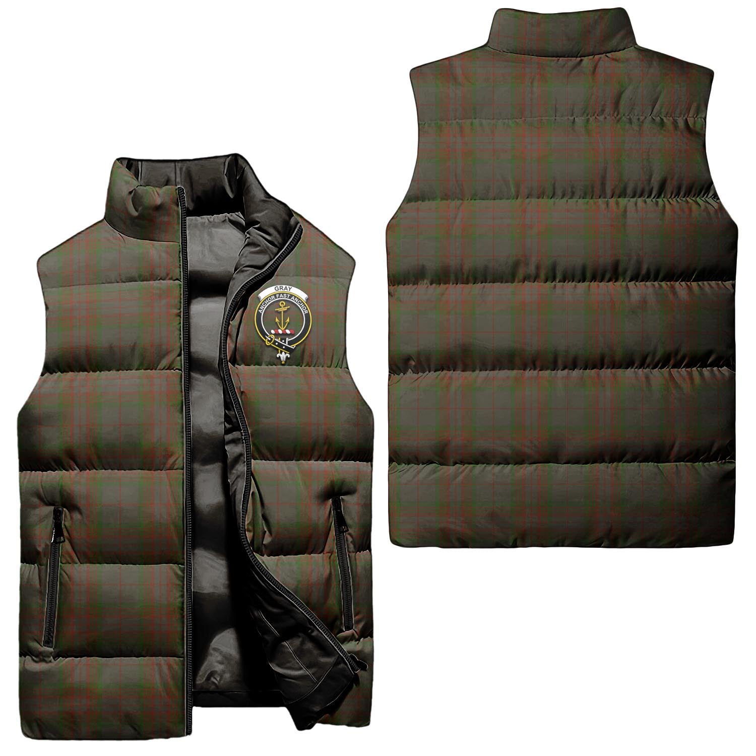 Gray Tartan Sleeveless Puffer Jacket with Family Crest Unisex - Tartanvibesclothing