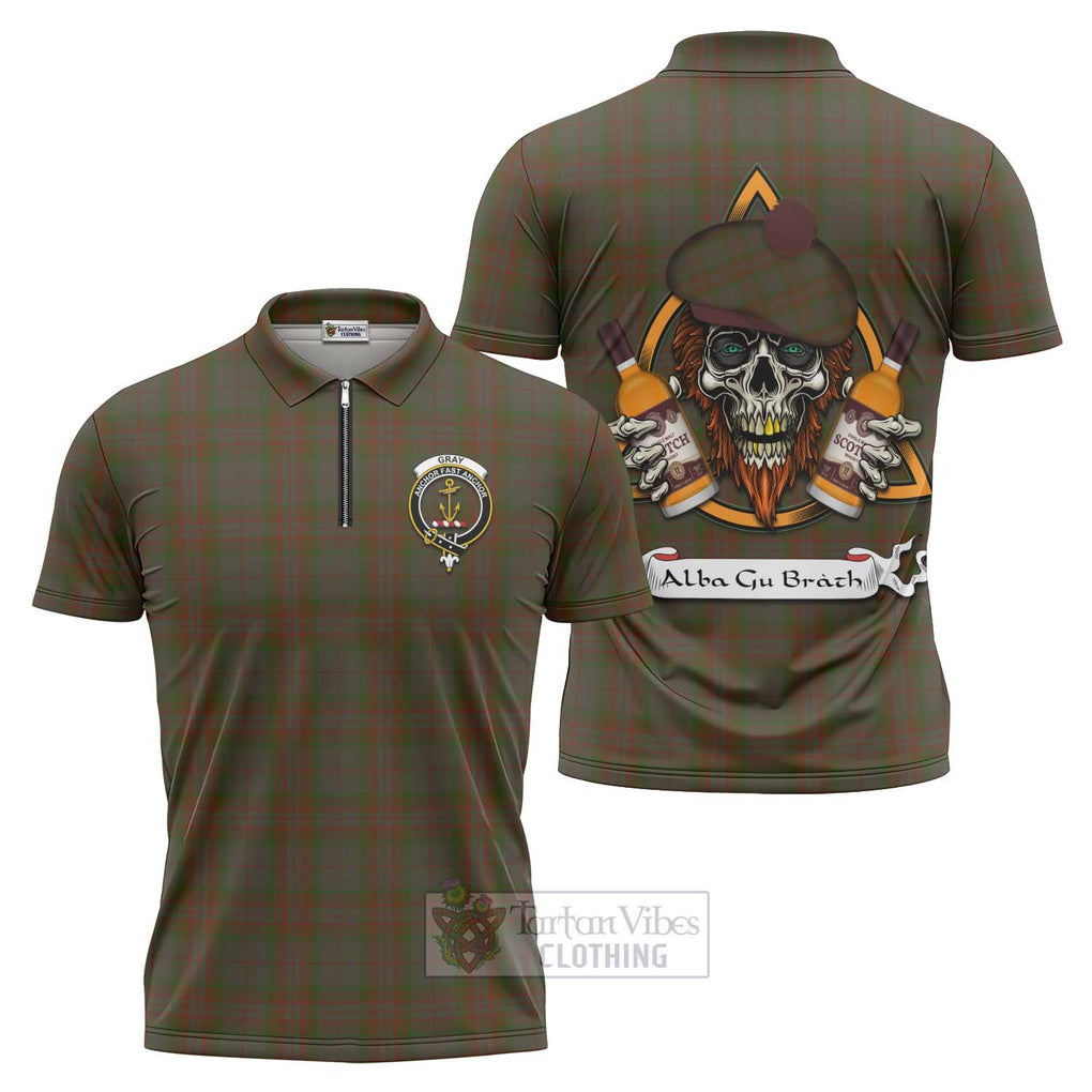 Tartan Vibes Clothing Gray Tartan Zipper Polo Shirt with Family Crest and Bearded Skull Holding Bottles of Whiskey