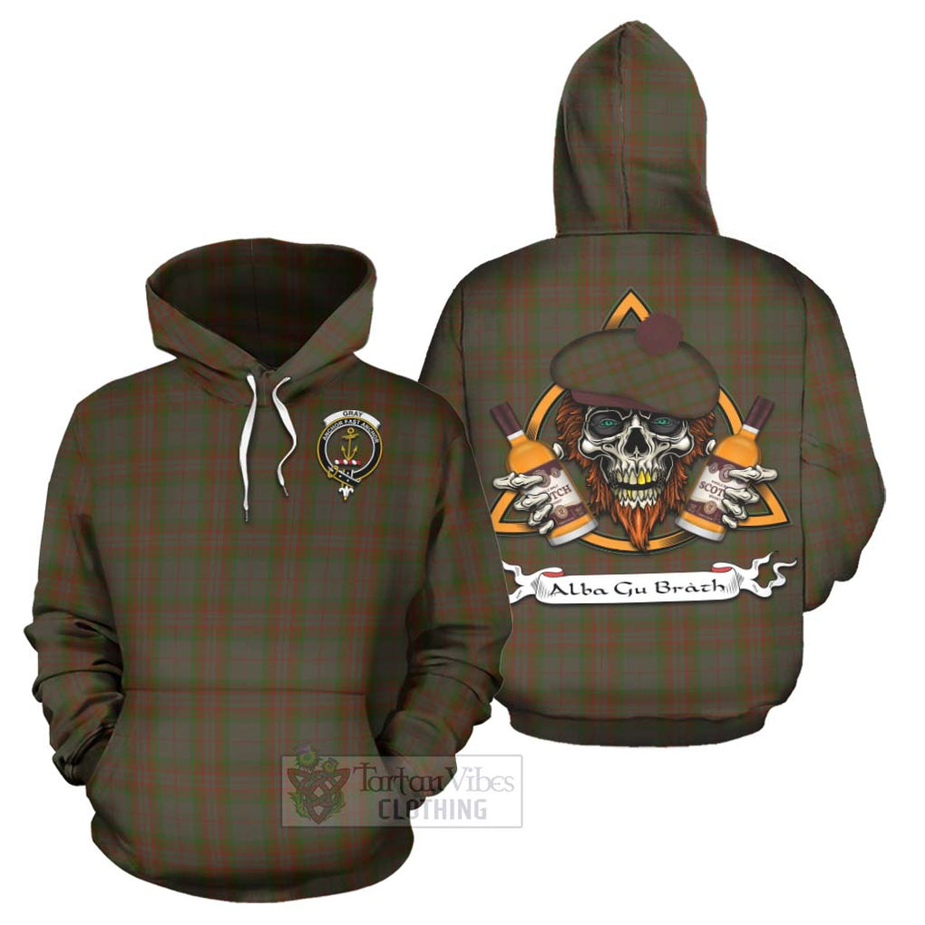 Tartan Vibes Clothing Gray Tartan Hoodie with Family Crest and Bearded Skull Holding Bottles of Whiskey