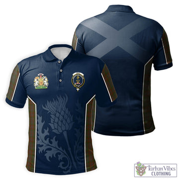 Gray Tartan Men's Polo Shirt with Family Crest and Scottish Thistle Vibes Sport Style