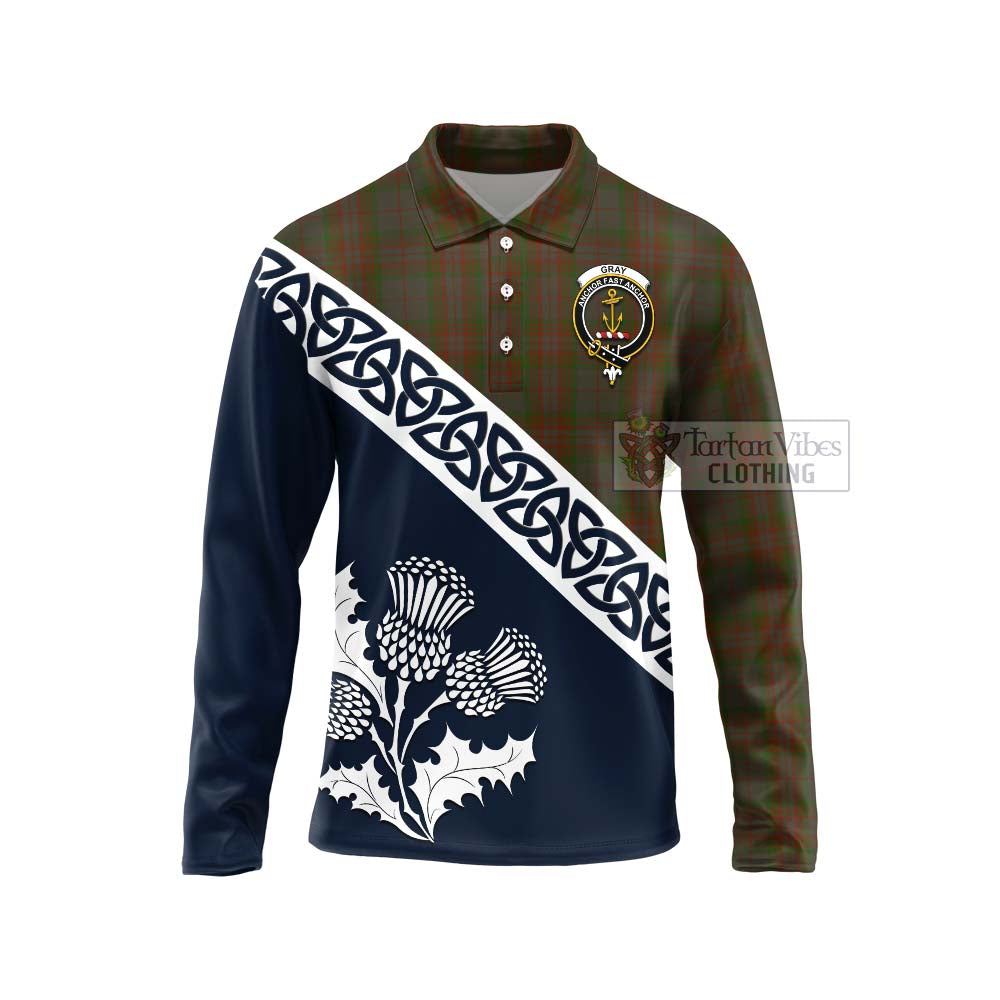 Tartan Vibes Clothing Gray Tartan Long Sleeve Polo Shirt Featuring Thistle and Scotland Map