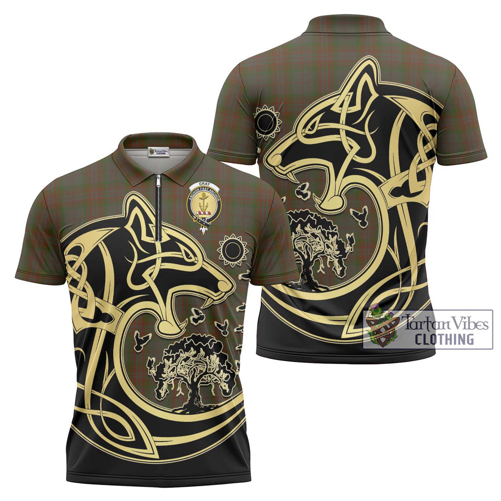 Gray Tartan Zipper Polo Shirt with Family Crest Celtic Wolf Style Unisex - Tartanvibesclothing Shop