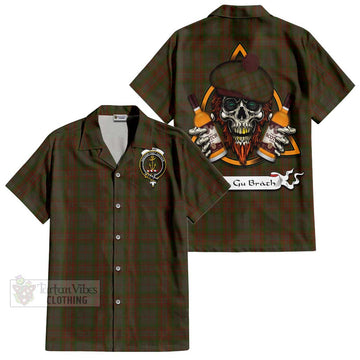 Gray Tartan Short Sleeve Button Shirt with Family Crest and Bearded Skull Holding Bottles of Whiskey