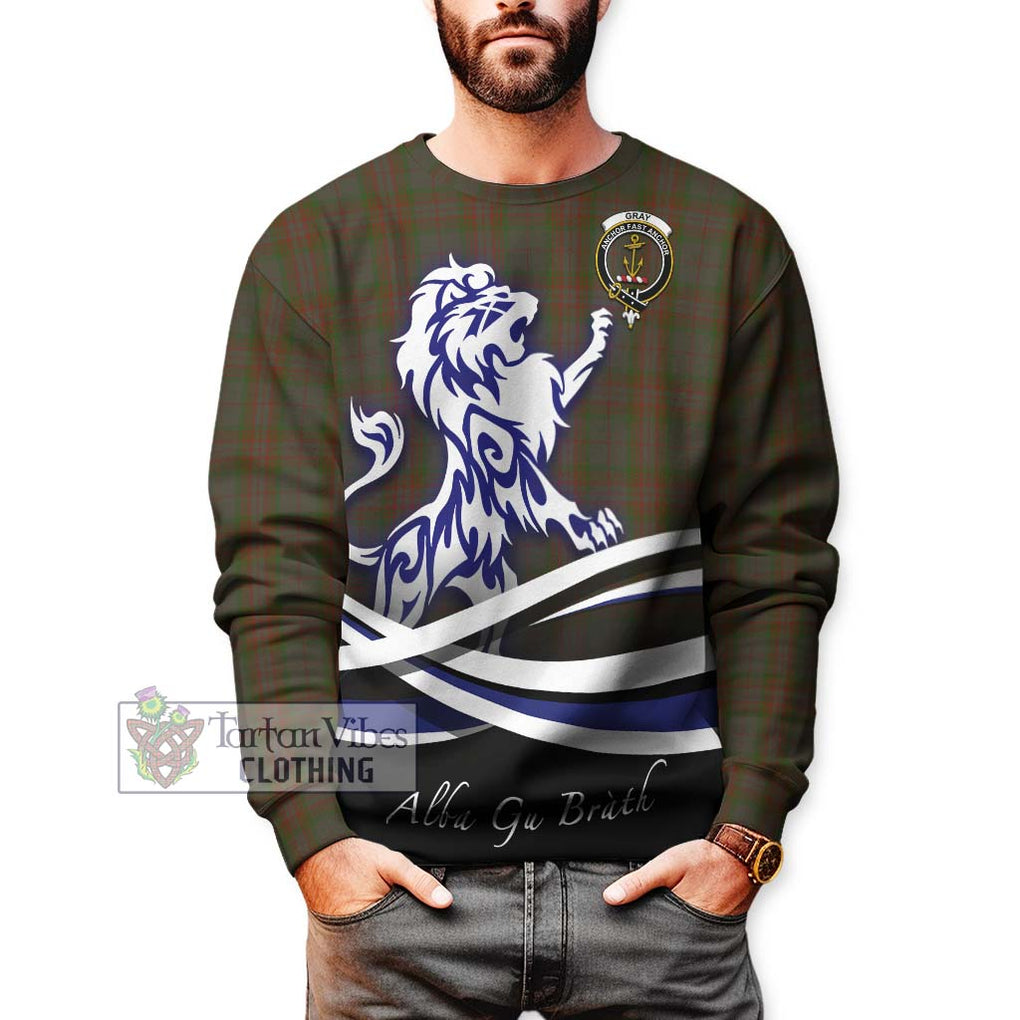 Gray Tartan Sweatshirt with Alba Gu Brath Regal Lion Emblem Unisex - Tartanvibesclothing Shop