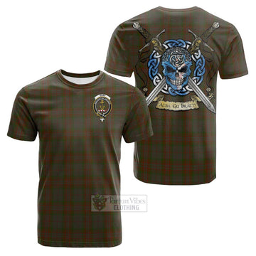 Gray Tartan Cotton T-shirt with Family Crest Celtic Skull Style