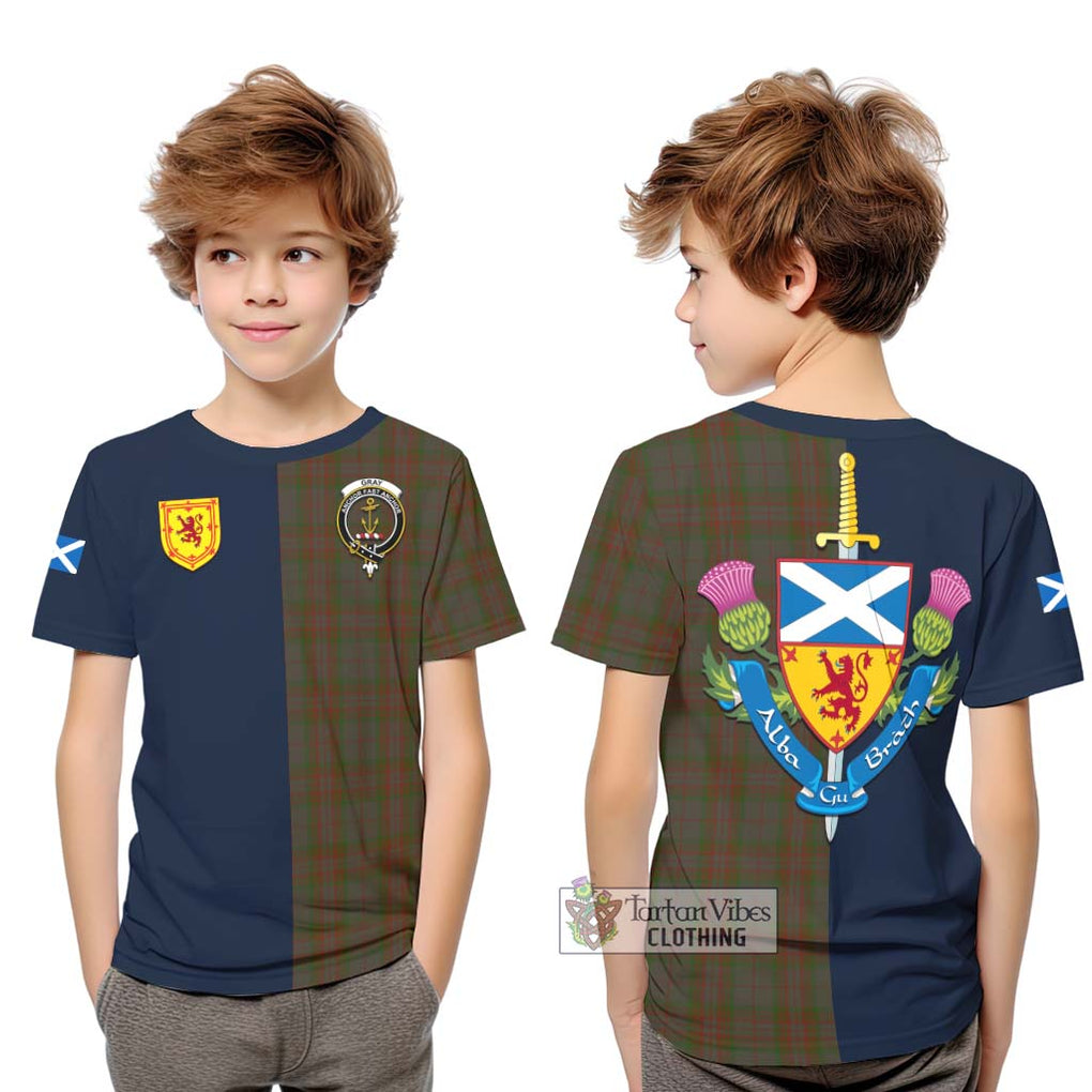 Tartan Vibes Clothing Gray Tartan Kid T-Shirt with Scottish Lion Royal Arm Half Style