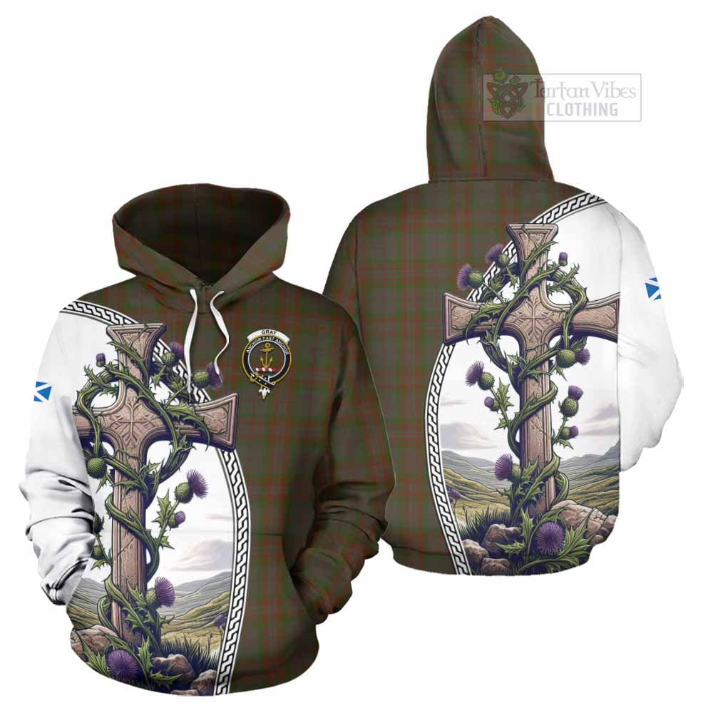 Tartan Vibes Clothing Gray Tartan Hoodie with Family Crest and St. Andrew's Cross Accented by Thistle Vines