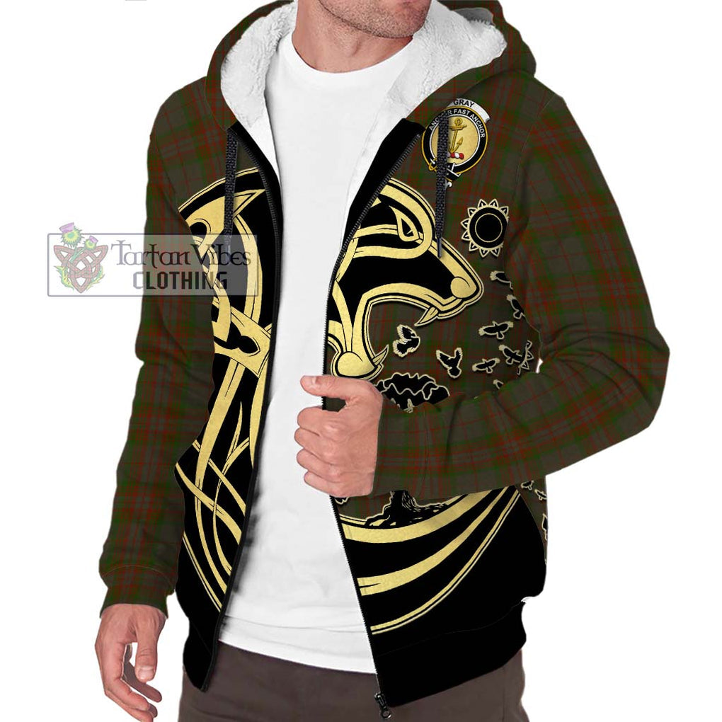 Gray Tartan Sherpa Hoodie with Family Crest Celtic Wolf Style Unisex S - Tartan Vibes Clothing