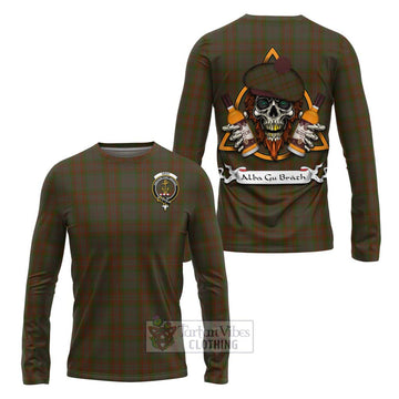 Gray Tartan Long Sleeve T-Shirt with Family Crest and Bearded Skull Holding Bottles of Whiskey