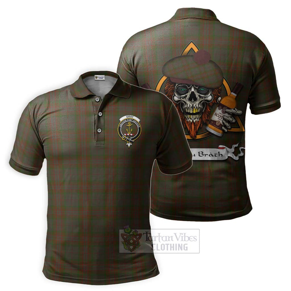 Tartan Vibes Clothing Gray Tartan Polo Shirt with Family Crest and Bearded Skull Holding Bottles of Whiskey