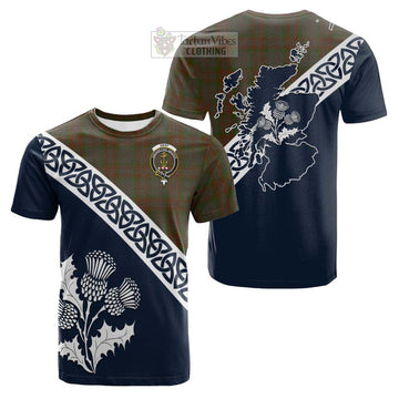 Gray Tartan Cotton T-shirt Featuring Thistle and Scotland Map