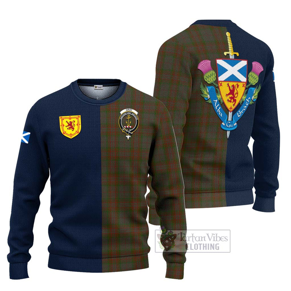 Tartan Vibes Clothing Gray Tartan Knitted Sweater with Scottish Lion Royal Arm Half Style