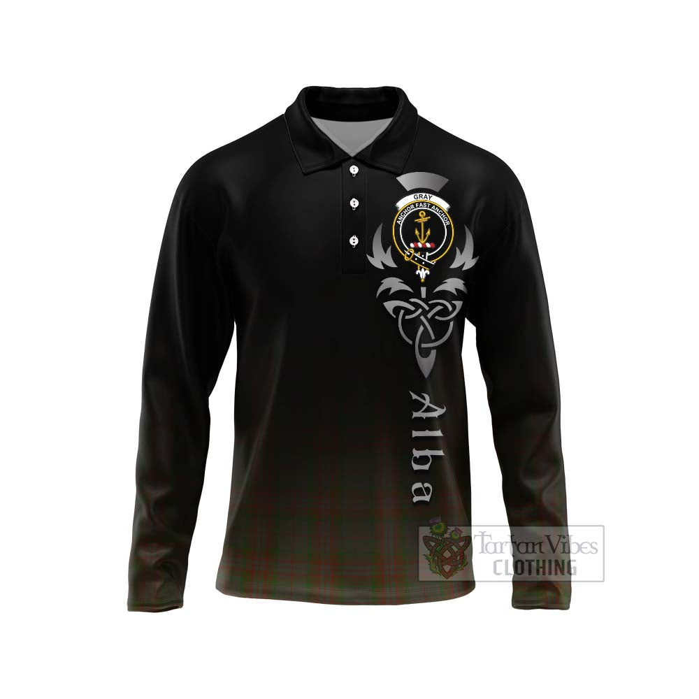 Tartan Vibes Clothing Gray Tartan Long Sleeve Polo Shirt Featuring Alba Gu Brath Family Crest Celtic Inspired