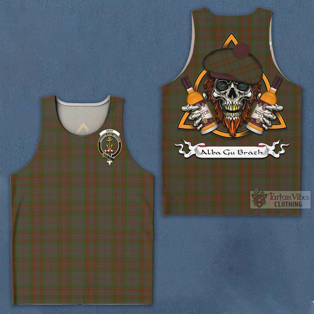 Tartan Vibes Clothing Gray Tartan Men's Tank Top with Family Crest and Bearded Skull Holding Bottles of Whiskey