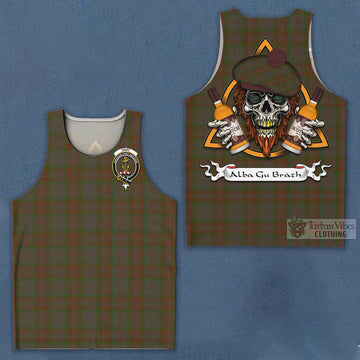 Gray Tartan Men's Tank Top with Family Crest and Bearded Skull Holding Bottles of Whiskey