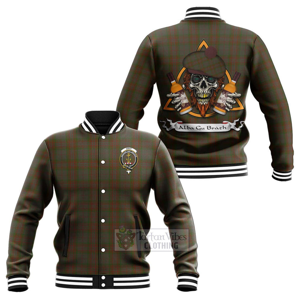 Tartan Vibes Clothing Gray Tartan Baseball Jacket with Family Crest and Bearded Skull Holding Bottles of Whiskey