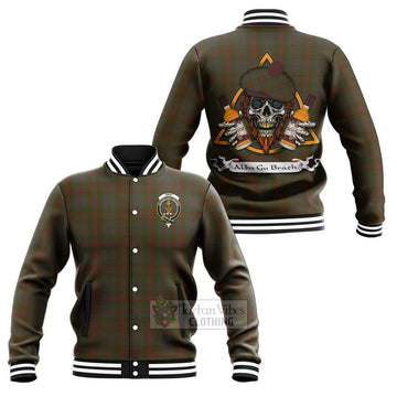 Gray Tartan Baseball Jacket with Family Crest and Bearded Skull Holding Bottles of Whiskey