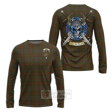 Gray Tartan Long Sleeve T-Shirt with Family Crest Celtic Skull Style